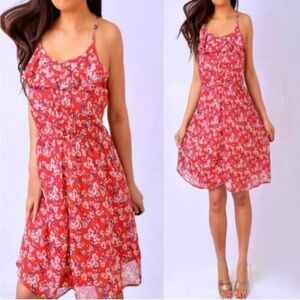 ELLE NWT Red Alert White Floral Halter Dress Belted Ruffle Dress,  Women’s Sz 6